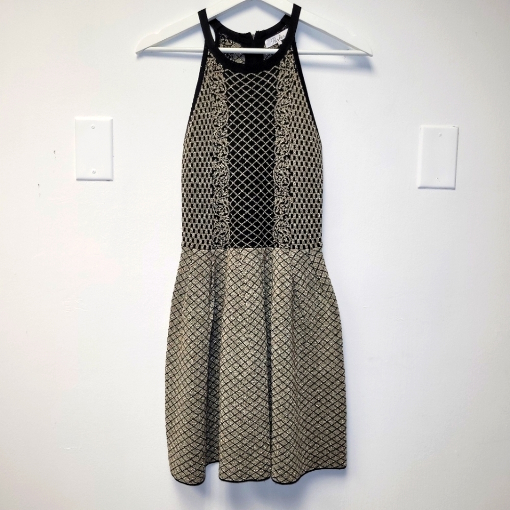 Parker Candice Black & Gold Metallic Knit Pleated Flared Dress Size P (S)